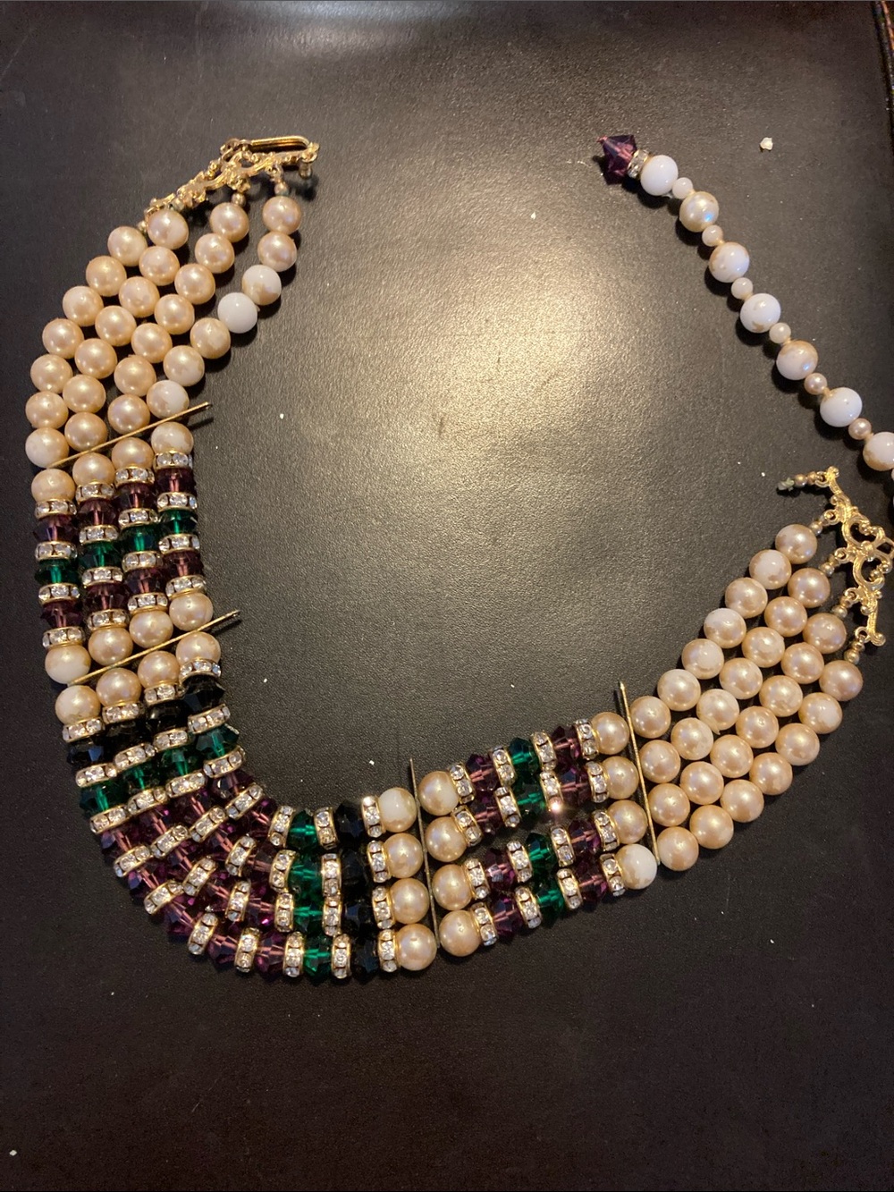 Multi-Strand Pearl and Gemstone Statement Necklace - Cream, Green, Purple, Black